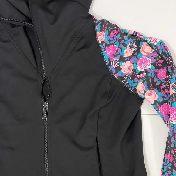 Bebe Sport Black Floral Zipper Workout jacket sweatshirt Thumbhole Ruched size M - Picture 4 of 16
